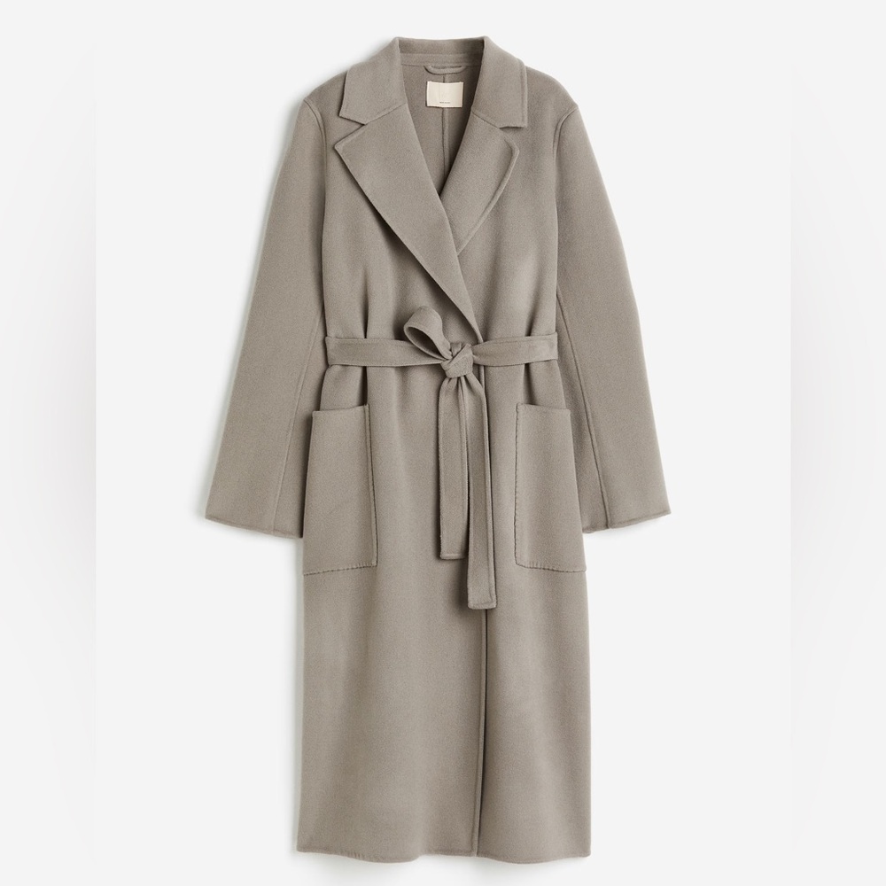 H&M PREMIUM CLASSIC DOUBLE FACED WOOL WRAP COAT SPRING COTTAGECORE Taupe XS S